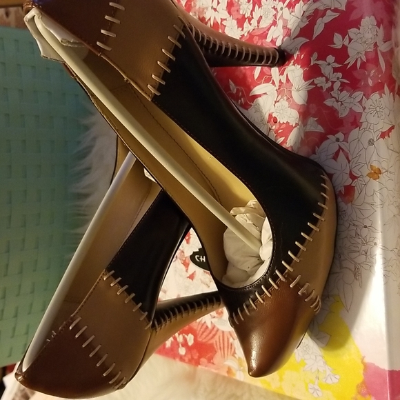 👣CHINESE LAUNDRY Leather comfort Fit Brown Patchwork Heels footwear in3 sizes - Picture 11 of 15